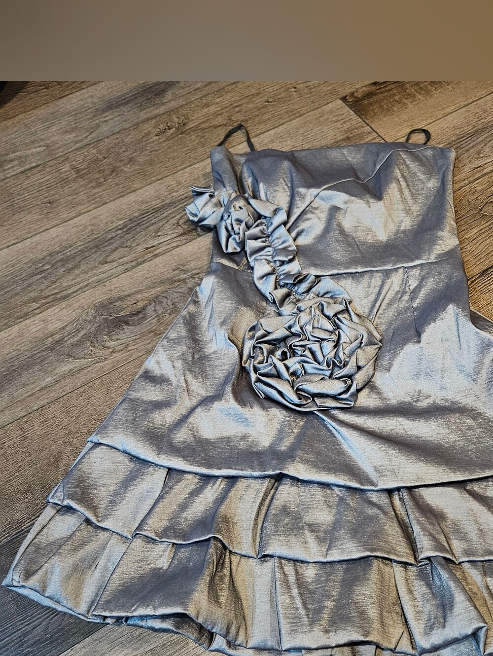 Mystic Silver Ruffle Strapless Dress with Flower Accents